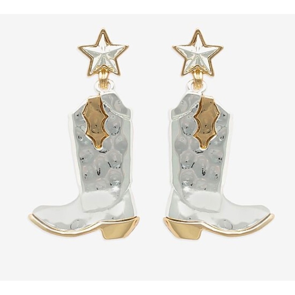 Bijoux Bar Cowboy Boot Star Drop Earrings Two Tone Silver Gold Western Post